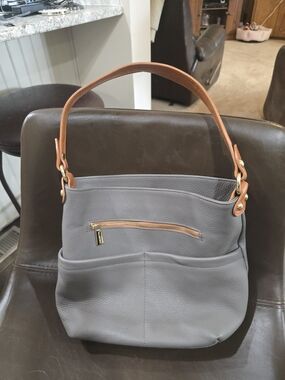Valentina Gray Hobo Shoulder Bag with Tan Handle